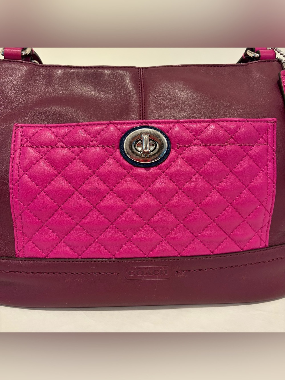 Coach #F24693 Colorblock Leather Tote Bag in Fuchsia, Burgundy & Navy - Picture 4 of 16